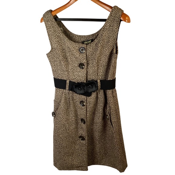 Tweed Sleeveless Dress with Belt Button Front Party Cocktail Career Cute - Picture 1 of 10